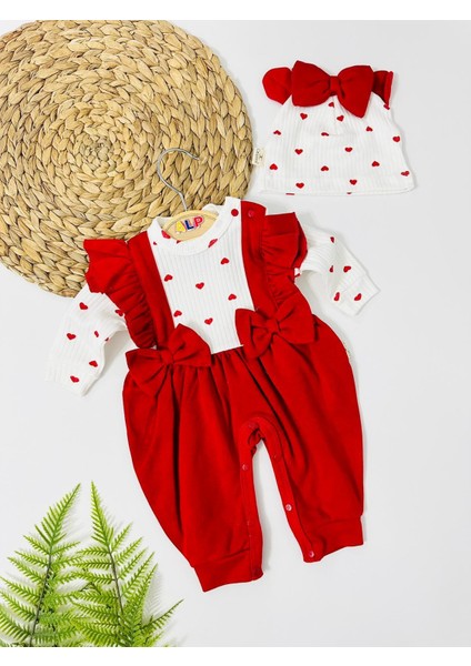 Kalp Detaylı Fiyonklu Mevsimlik Şapka Tulum Set - Kırmızı