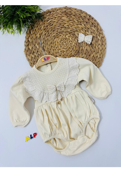 Wide Collar Lace Embroidered Tulum Set Kız Takım Krem