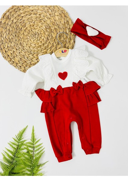 Kırmızı Kalp Detaylı Fiyonklu Mevsimlik Bandana Tulum Set - Kırmızı