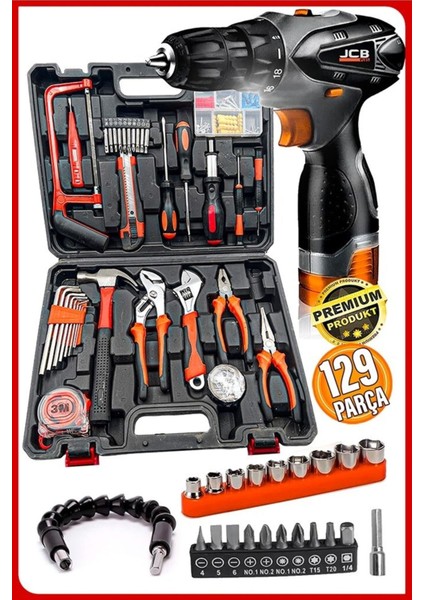 Premium Akülü Vidalama Matkap Özel Alışım 129 Parça Kalite Çelik Profesyonel Alet Takım Full Set