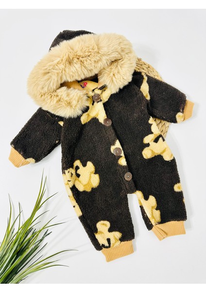 Lova Yakası Kürklü Polar Kışlık Tulum - Kahve