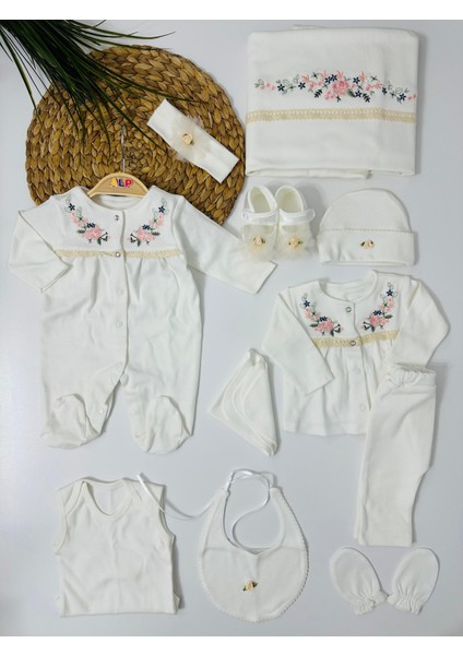 Sıra Çiçek Nakışlı 10 Lu Hastane Çıkışı Set - Krem