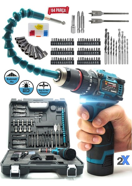 Alman Ms-84 Pro-Es Kömürsüz Darbeli 84 Parça Matkap Akülü Vidalama