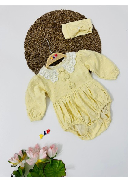 Lace Collar Embroidered 2 Parça Salopet Set Kız Takım Sarı
