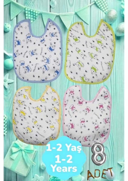 Bebek % 100 Cotton Arkası Muşambalı Su Geçirmez Renkli Mama Önlüğü 8'li Set 1-2 Yaş