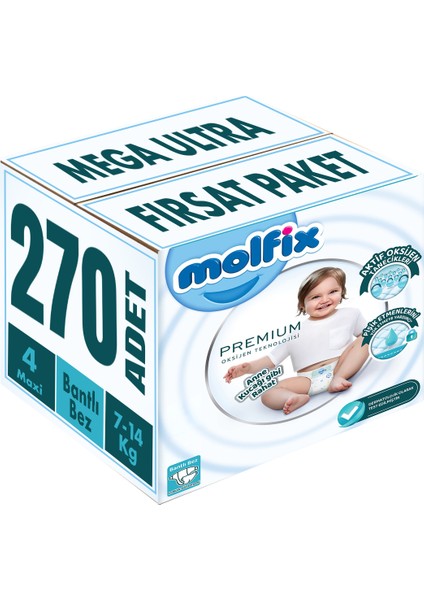Premium Bebek Bezi Beden:4 (7-14kg) Maxi 270 Adet Mega Ultra Fırsat Paket