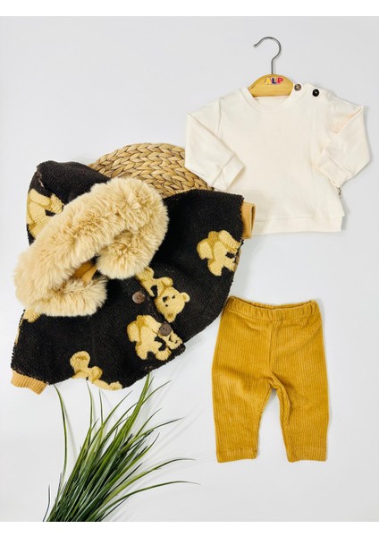 New Hampshire Yakası Kürk Detaylı 3'lü Takım - Kahve