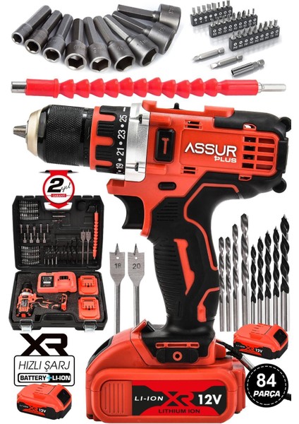 Assur Plus 12V 2AH Şarjlı Matkap Darbesiz Metal Şanzuman Bakır Sargılı Çift Akülü 84 Parça Set Hedi