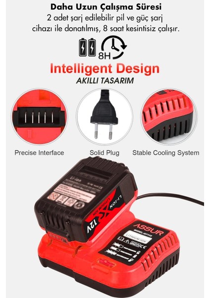 Assur Plus 12V 2AH Şarjlı Matkap Darbesiz Metal Şanzuman Bakır Sargılı Çift Akülü 84 Parça Set Hedi fırsatları