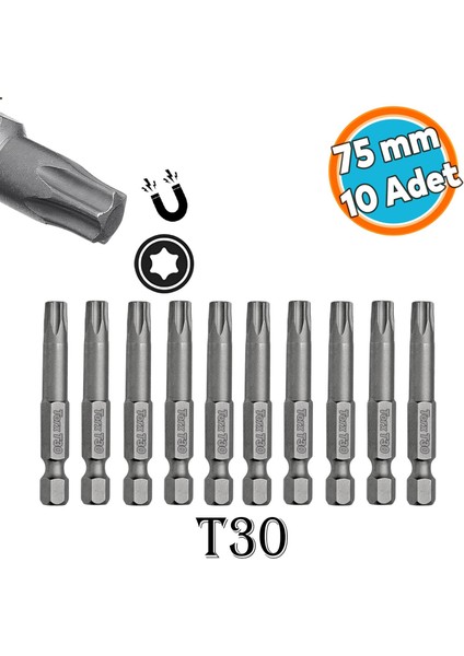 Bits Uç Mıknatıslı Torx T30 75 mm 10'lu Set Kutulu Manyetik 1/4" Matkap Ucu Tork 7.5 cm Uzunluk