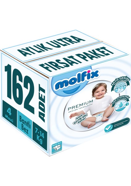 Premium Bebek Bezi Beden:4 (7-14kg) Maxi 162 Adet Aylık Ultra Fırsat Paket