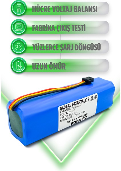 Robx R7 Uyumlu Akıllı Robot Süpürge Bataryası 14.4V 7000MAH Li-Ion Pil (Ultra Kapasite)