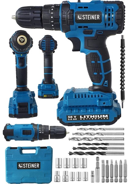 Alman 58 V 5 Ah Darbeli Çift Akülü Metal Şanzuman Bakır Sargı Şarzlı Vidalama Matkap 24 Parça Set fiyatları