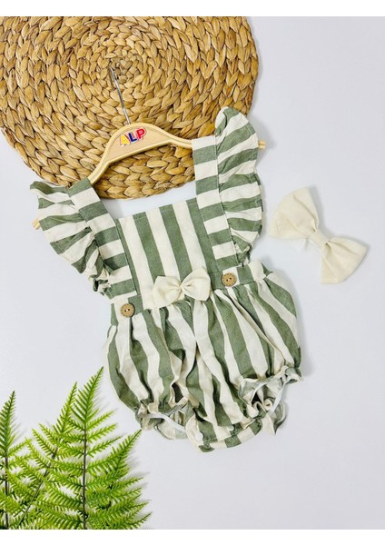 Alara Kalın Çizgi Arkadan ve Yandan Çıtçıtlı Bandanalı Romper Set - Yeşil
