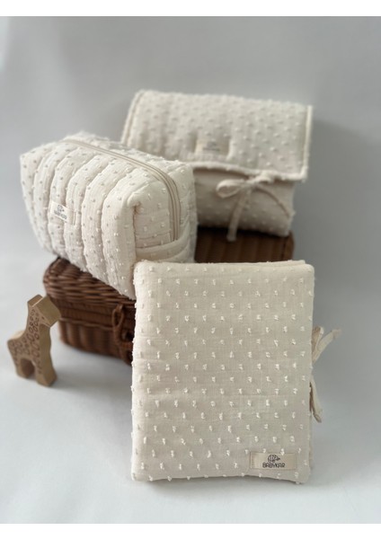 Alt Açma Matı, Bakım Çantası ve Bez Çantası Set Ponponlu Müslin Ekru