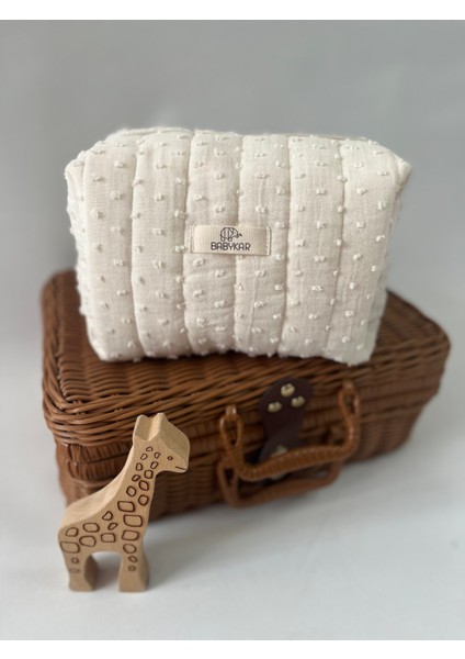 Alt Açma Matı, Bakım Çantası ve Bez Çantası Set Ponponlu Müslin Ekru modelleri