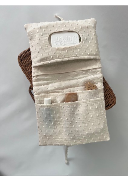 Alt Açma Matı, Bakım Çantası ve Bez Çantası Set Ponponlu Müslin Ekru indirimleri