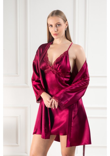 Kadın Güpür Detaylı Saten Çeyizlik Ikili Gecelik Sabahlık Takımı fiyatları