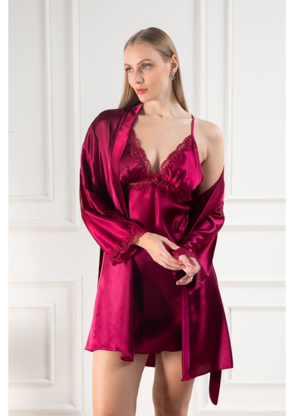 Kadın Güpür Detaylı Saten Çeyizlik Ikili Gecelik Sabahlık Takımı modelleri