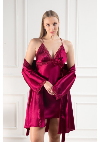 Kadın Güpür Detaylı Saten Çeyizlik Ikili Gecelik Sabahlık Takımı indirimleri