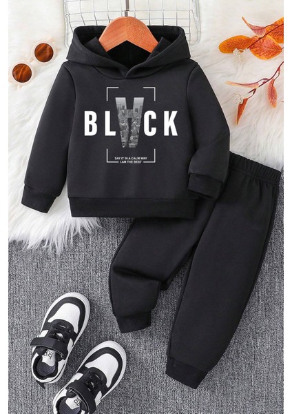 Uygun Tarz Black Baskılı Çocuk Rahat Eşofman Takımı