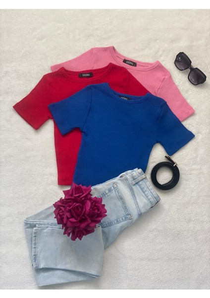 Kadın 3 Lü Adet Fitilli Pamuklu Bisiklet Yaka Örme Kaşkorse Crop T-Shirt