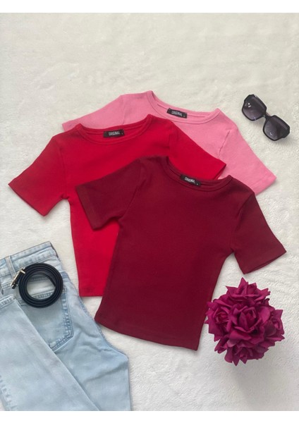 Kadın 3 Lü Adet Fitilli Pamuklu Bisiklet Yaka Örme Kaşkorse Crop T-Shirt