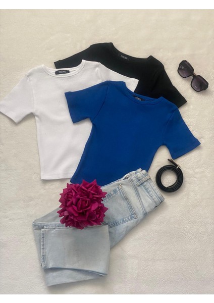 Kadın 3 Lü Adet Fitilli Pamuklu Bisiklet Yaka Örme Kaşkorse Crop T-Shirt