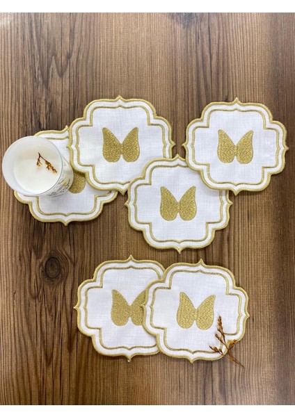 Gold Angel 6'lı Kahve Yanı Sunumluk Peçete Linen Keten Sırma Nakış Işlemeli Kokteyl Peçetesi