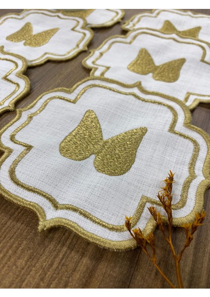 Gold Angel 6'lı Kahve Yanı Sunumluk Peçete Linen Keten Sırma Nakış Işlemeli Kokteyl Peçetesi