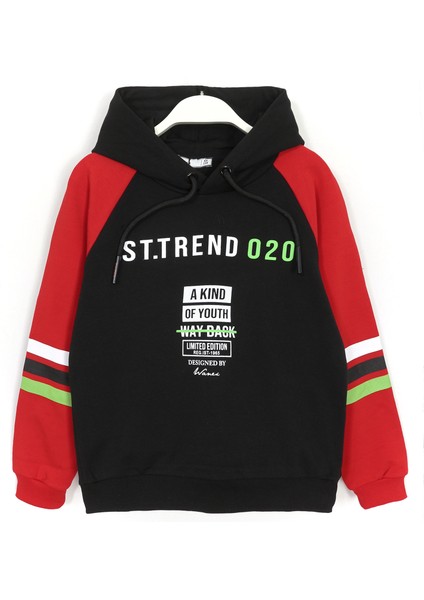 Baskılı Kolları Çizgili Erkek Çocuk Kapüşonlu Sweatshirt Siyah Kırmızı 001-0001981