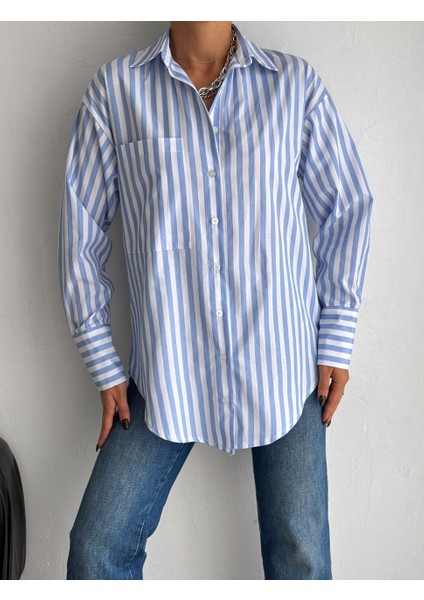 Oversize Çizgili Model Düğmeli ve Tek Cepli Gömlek