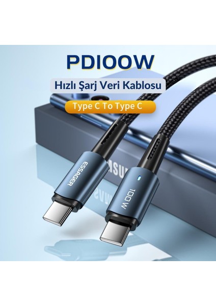 100W 5A Type-C To Type-C Süper Hızlı Şarj ve Data Kablosu Örgü Tipi Süper Dayanıklı Kablo