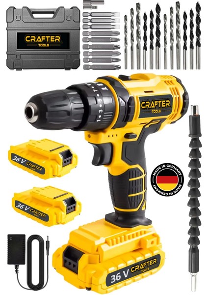 Germany 36V 5AH Darbeli Çelik Şanzuman 24 Parça Bakır Sargılı Çift Akülü Vidalama Şarjlı Matkap