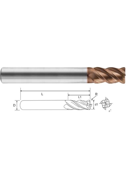 Ø10 Dört Ağızlı Köşe Radüs Elmas Freze 4 F (1X25X100X10)