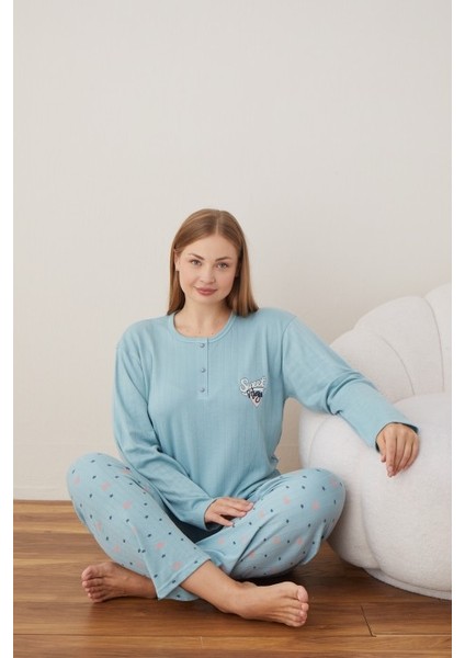 Kadın Raporlu Interlok Kumaş Büyük Beden Düğmeli Pijama Takımı Ma