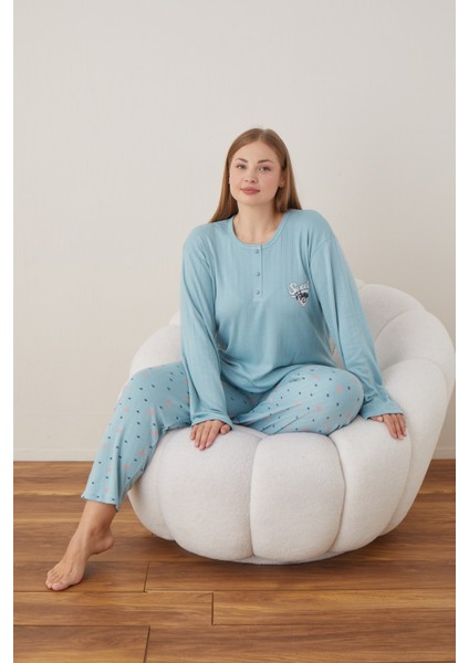 Kadın Raporlu Interlok Kumaş Büyük Beden Düğmeli Pijama Takımı Ma fiyatları
