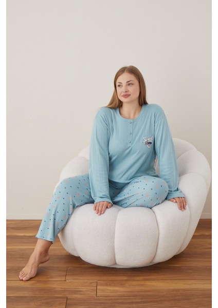 Kadın Raporlu Interlok Kumaş Büyük Beden Düğmeli Pijama Takımı Ma modelleri