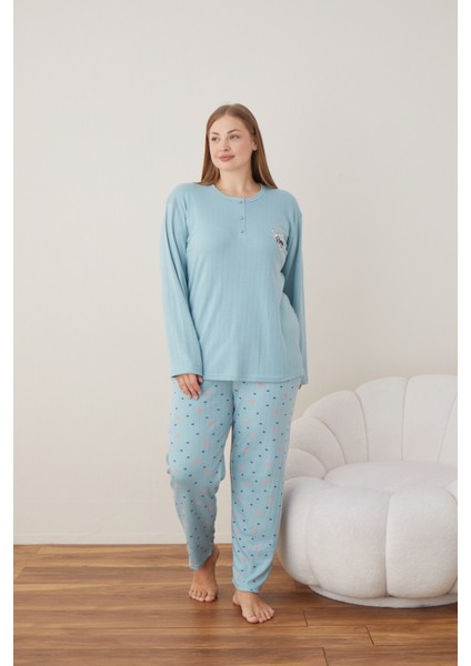 Kadın Raporlu Interlok Kumaş Büyük Beden Düğmeli Pijama Takımı Ma fırsatları