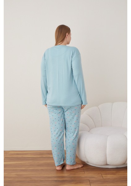 Kadın Raporlu Interlok Kumaş Büyük Beden Düğmeli Pijama Takımı Ma indirimleri