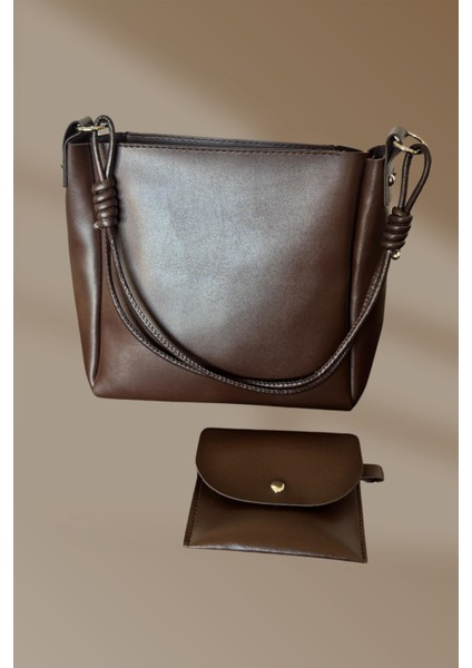 Fermuarlı Içi Cepli Yavrulu Acı Kahve Kadın El ve Omuz Çantası