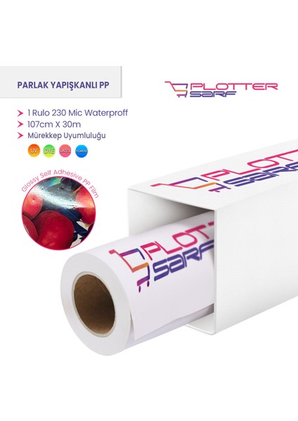 PlotterSarf® Microporous Parlak Glossy PP Film Yapışkanlı Waterprof 230 Mic 107cm x 50 mt (1 Rulo)