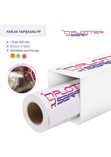 ® Glossy (Parlak) Yapışkanlı PP Film Dye 180 Mic 107cm x 50 mt (1 Rulo)