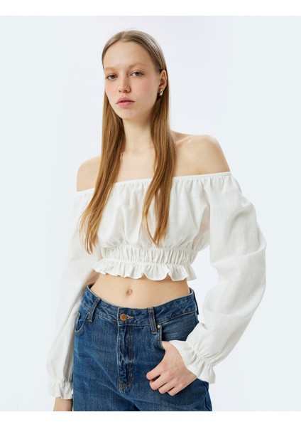 Balon Kollu Omzu Açık Gipeli Crop Bluz