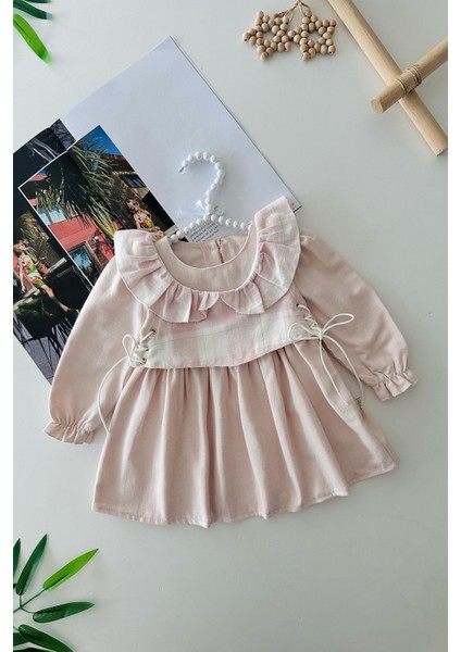 Ekose Cepken Desenli Yandan Bağcık Desenli Kız Çocuk 2 Li elbiseli takım - Pembe