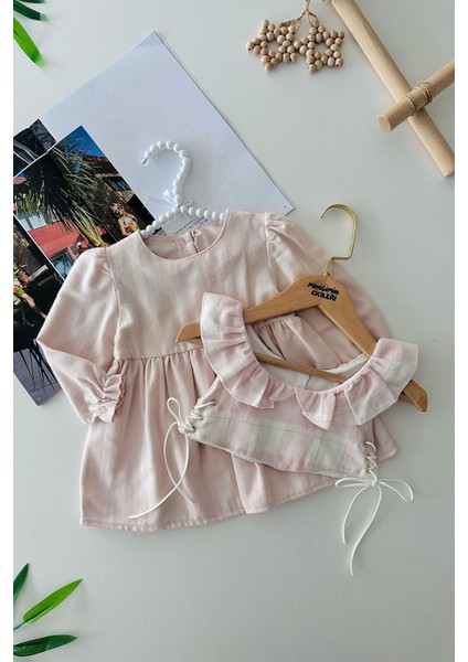 Ekose Cepken Desenli Yandan Bağcık Desenli Kız Çocuk 2 Li elbiseli takım - Pembe fiyatları