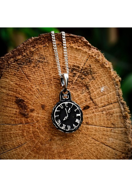 Gümüş Mini Saat Figürlü Kolye 925 Ayar Gümüş Küçük Boy Saat Figürlü Unisex Taşsız Kolye