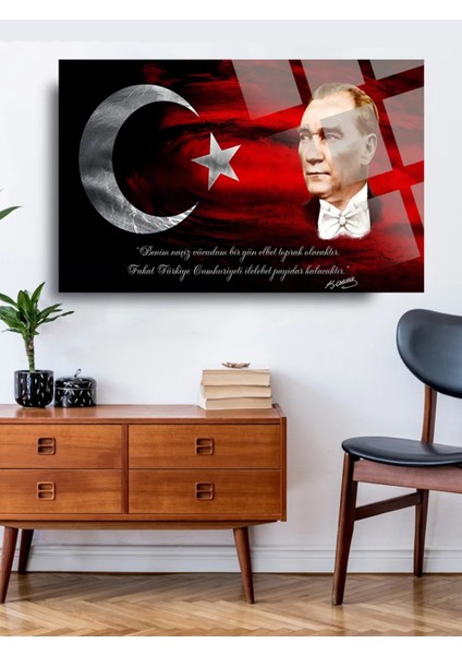 Türk Bayrağı ve Atatürk 2 Ev Ofis Okul Için 4mm Kırılmaz Temperli Yüksek Çözünürlüklü Cam Tablo