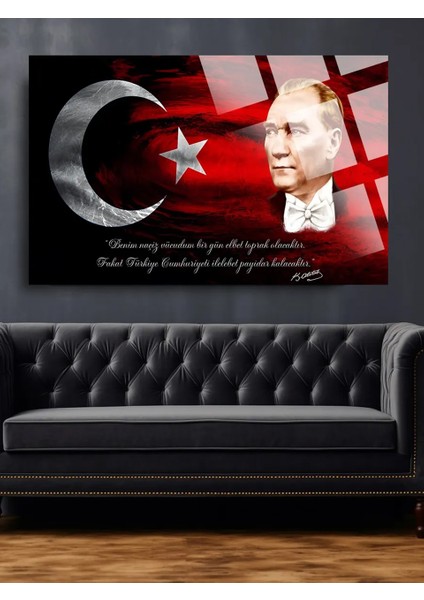 Türk Bayrağı ve Atatürk 2 Ev Ofis Okul Için 4mm Kırılmaz Temperli Yüksek Çözünürlüklü Cam Tablo