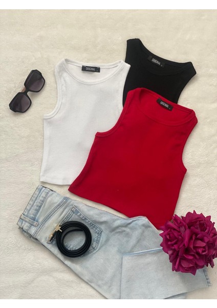 3'lü Adet Kadın Halter Yaka Fitilli Askılı Sıfır Kol Crop Bluz